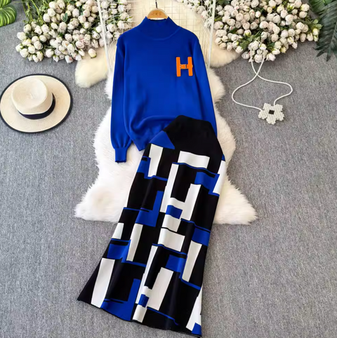 Monogrammed Sweater & Plaid Skirt 2Pcs