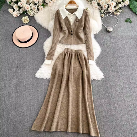 Faux Two-pieces Cardigan & Skirt 2Pcs