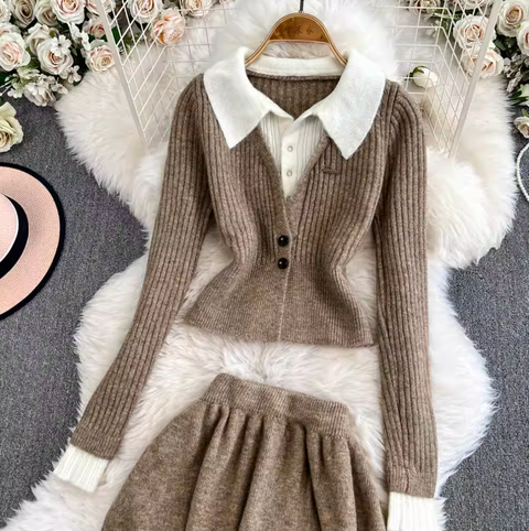 Faux Two-pieces Cardigan & Skirt 2Pcs