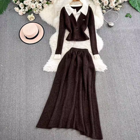 Faux Two-pieces Cardigan & Skirt 2Pcs