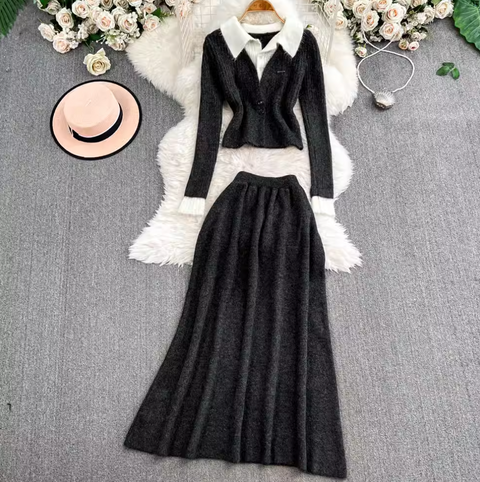 Faux Two-pieces Cardigan & Skirt 2Pcs