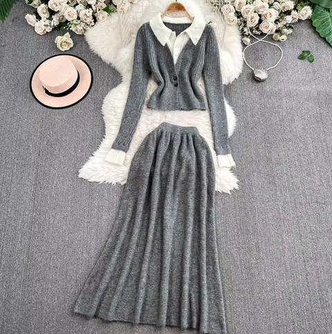 Faux Two-pieces Cardigan & Skirt 2Pcs