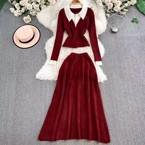 Faux Two-pieces Cardigan & Skirt 2Pcs