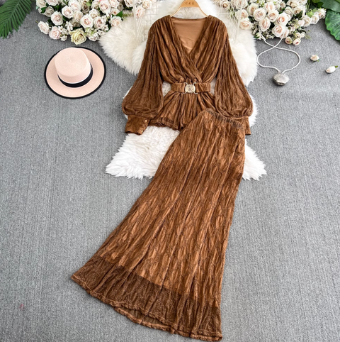 V-neck Top & Half-body Skirt Lace 2Pcs