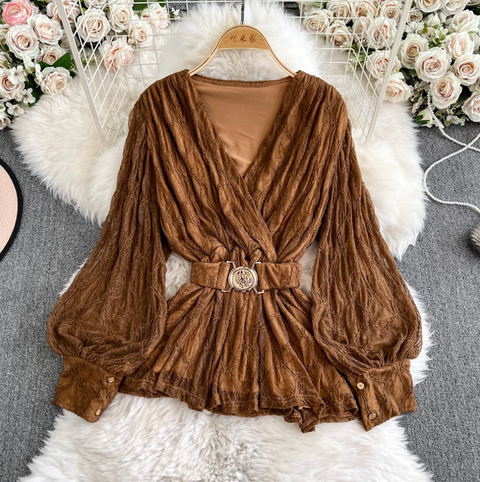 V-neck Top & Half-body Skirt Lace 2Pcs