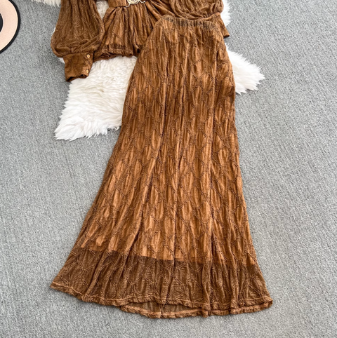 V-neck Top & Half-body Skirt Lace 2Pcs