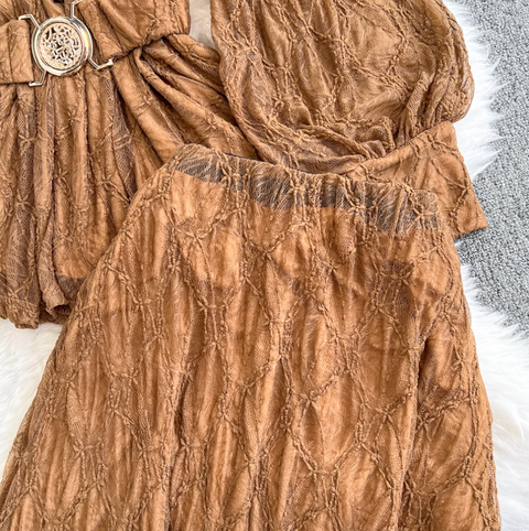 V-neck Top & Half-body Skirt Lace 2Pcs