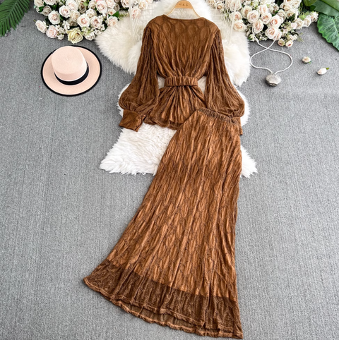 V-neck Top & Half-body Skirt Lace 2Pcs