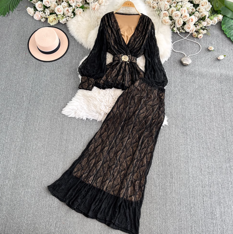 V-neck Top & Half-body Skirt Lace 2Pcs