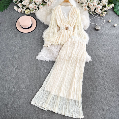 V-neck Top & Half-body Skirt Lace 2Pcs
