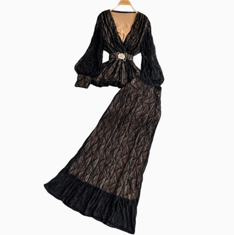 V-neck Top & Half-body Skirt Lace 2Pcs