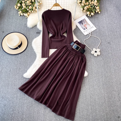 Crew Neck Sweater & Pleated Skirt 2Pcs