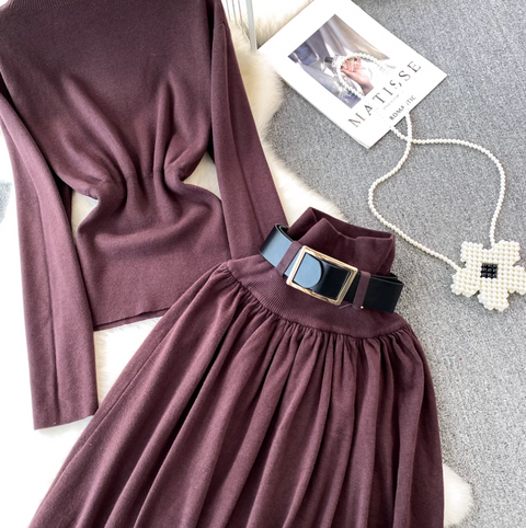 Crew Neck Sweater & Pleated Skirt 2Pcs