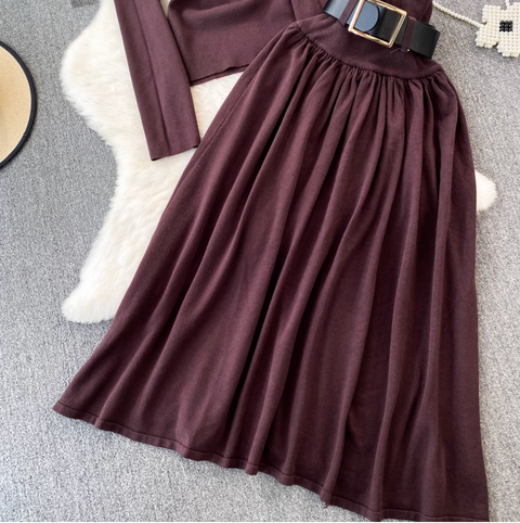 Crew Neck Sweater & Pleated Skirt 2Pcs