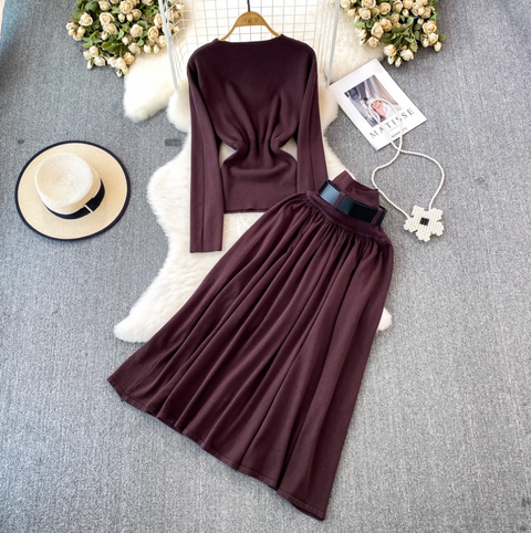 Crew Neck Sweater & Pleated Skirt 2Pcs