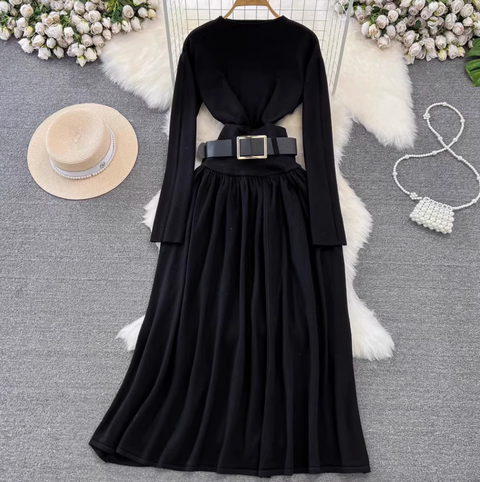 Crew Neck Sweater & Pleated Skirt 2Pcs