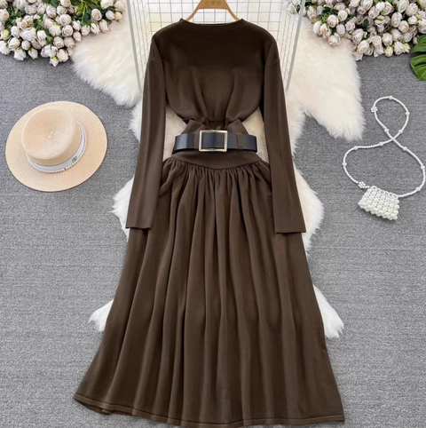 Crew Neck Sweater & Pleated Skirt 2Pcs