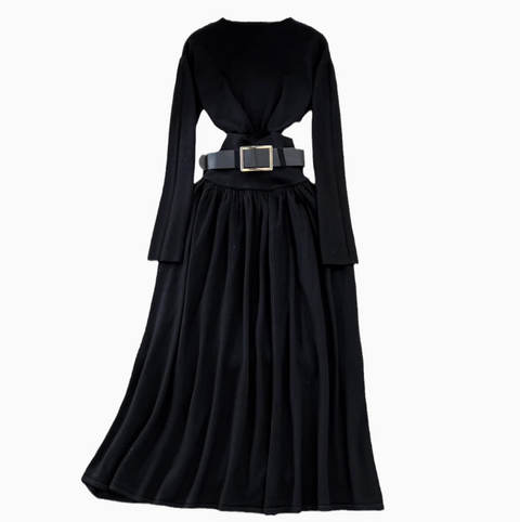 Crew Neck Sweater & Pleated Skirt 2Pcs
