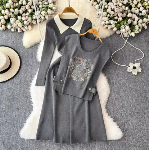 Jacquard Vest & Lapeled Dress 2Pcs