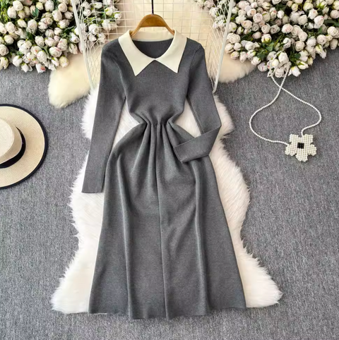 Jacquard Vest & Lapeled Dress 2Pcs