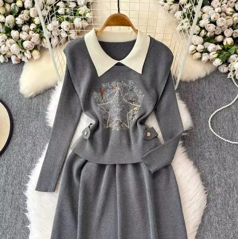 Jacquard Vest & Lapeled Dress 2Pcs