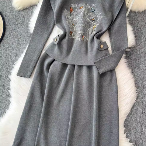 Jacquard Vest & Lapeled Dress 2Pcs