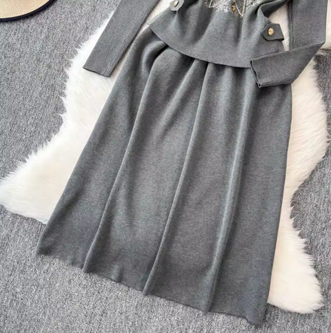 Jacquard Vest & Lapeled Dress 2Pcs