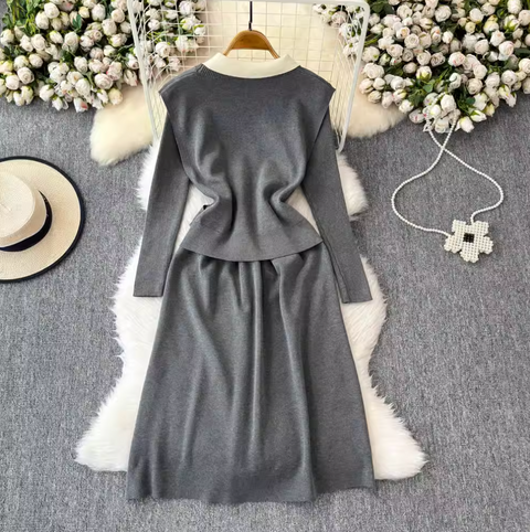Jacquard Vest & Lapeled Dress 2Pcs