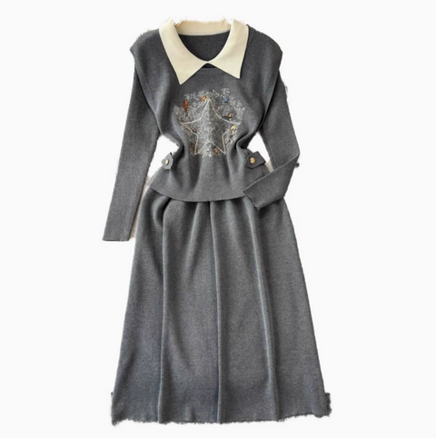 Jacquard Vest & Lapeled Dress 2Pcs