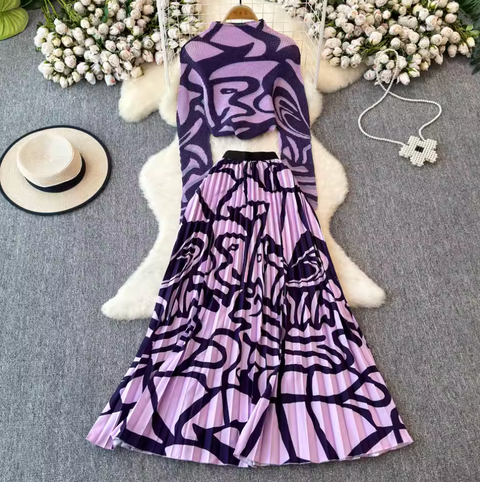 Turtleneck Top & Pleated Skirt Printed 2Pcs