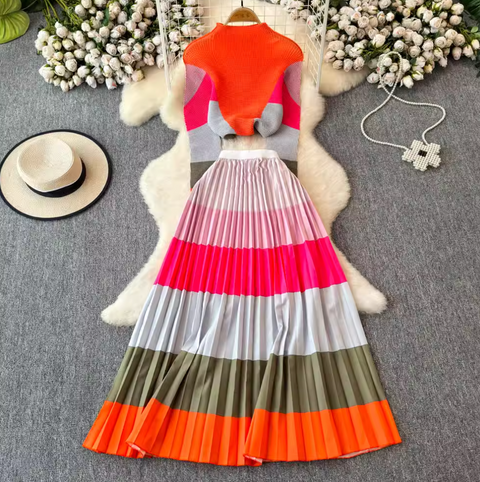 Turtleneck Top & Pleated Skirt Printed 2Pcs