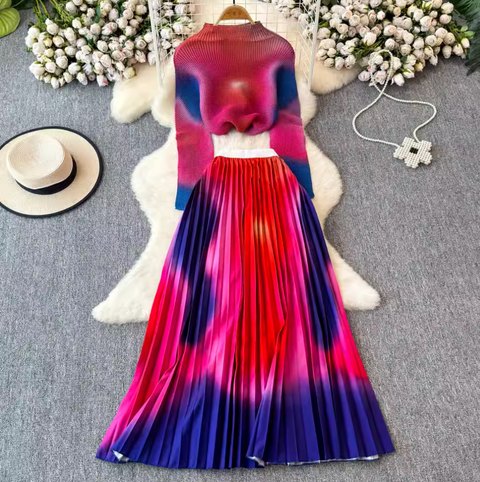 Turtleneck Top & Pleated Skirt Printed 2Pcs