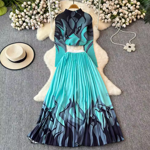 Turtleneck Top & Pleated Skirt Printed 2Pcs