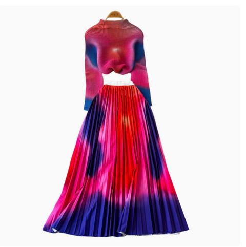 Turtleneck Top & Pleated Skirt Printed 2Pcs