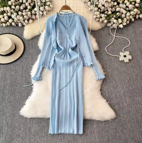 Lace-up Knitted Dress & Cardigan 2Pcs