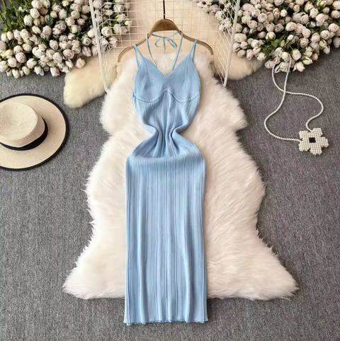 Lace-up Knitted Dress & Cardigan 2Pcs