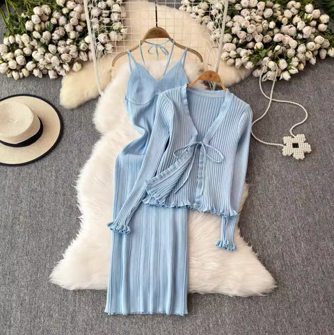Lace-up Knitted Dress & Cardigan 2Pcs