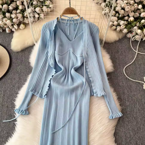 Lace-up Knitted Dress & Cardigan 2Pcs