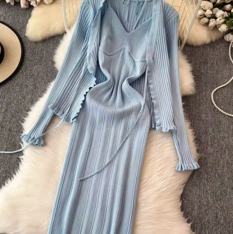 Lace-up Knitted Dress & Cardigan 2Pcs