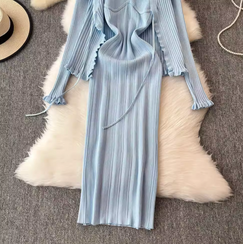 Lace-up Knitted Dress & Cardigan 2Pcs