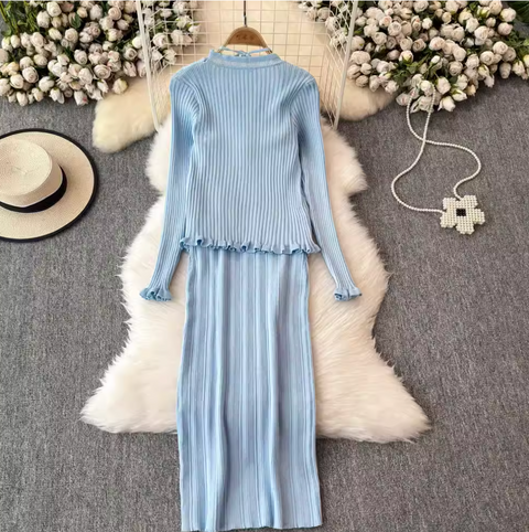 Lace-up Knitted Dress & Cardigan 2Pcs