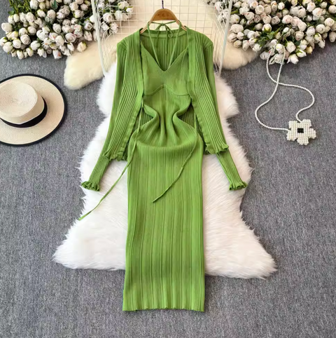 Lace-up Knitted Dress & Cardigan 2Pcs