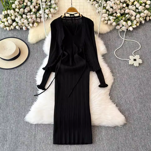 Lace-up Knitted Dress & Cardigan 2Pcs