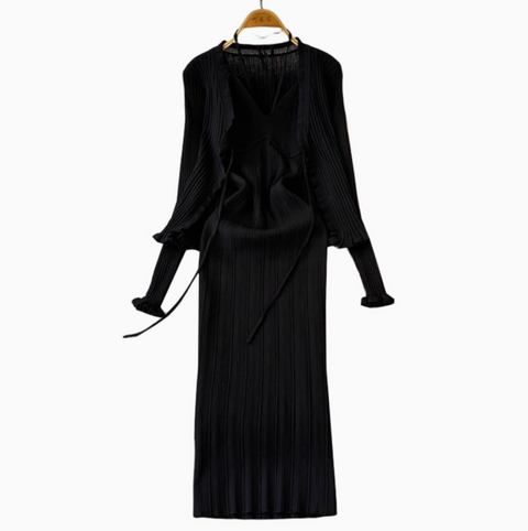 Lace-up Knitted Dress & Cardigan 2Pcs