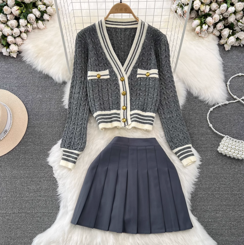 V-neck Cardigan & Pleated Skirt 2Pcs