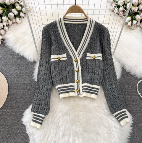 V-neck Cardigan & Pleated Skirt 2Pcs