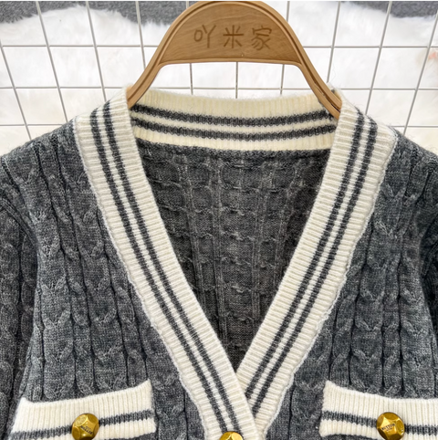 V-neck Cardigan & Pleated Skirt 2Pcs