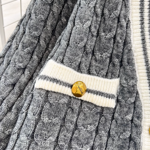 V-neck Cardigan & Pleated Skirt 2Pcs