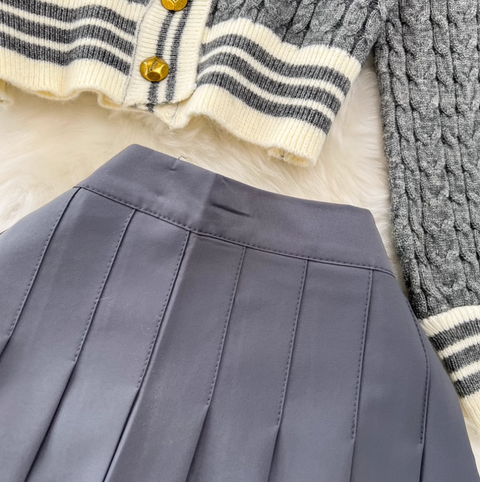 V-neck Cardigan & Pleated Skirt 2Pcs
