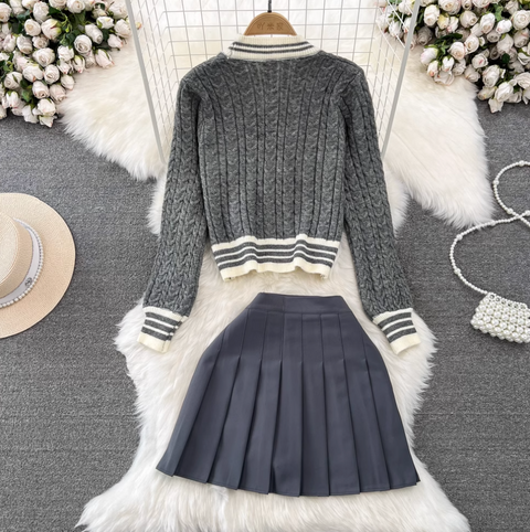 V-neck Cardigan & Pleated Skirt 2Pcs